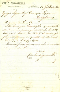 Autografo originale 1915 MILANO Editore Carlo SIGNORELLI su alcuni pagamenti Cartolina AUTOGRAFA 1