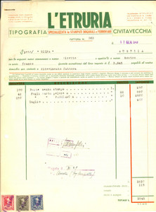 Documento originale, autentico 1949 CIVITAVECCHIA RM Tipografia L ETRURIA Stampati doganali Fattura 1