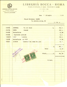 Documento originale, autentico 1938 ROMA Libreria BOCCA  Fattura intestata per libri baronessa MARONI 1
