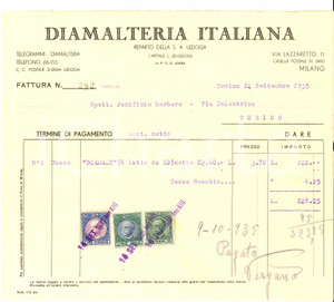 Documento originale, autentico 1935 TORINO Diamalteria Italiana reparto LEDOGA Fattura per latta DIAMALT 1