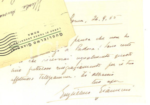 Manoscritto, lettera originale 1955 ROMA Guglielmo GIANNINI ringrazia per un telegramma Autografo 1