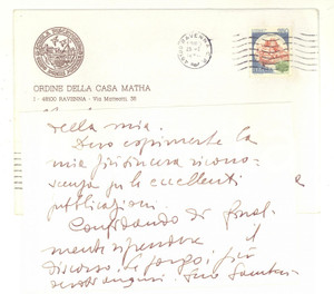 Autografo originale 1983 MASSONERIA RAVENNA Giordano GAMBERINI ringrazia per un libro Autografo 1