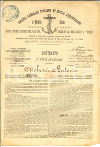 Documento originale, autentico 1880 ROVIGO SocietÃ  Generale Mutue Assicurazioni  Contratto Antonio OTTOBONI 1