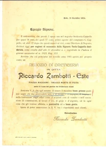 Manoscritto, lettera originale 1904 ESTE Apertura negozio oreficeria Riccardo ZAMBONI  Lettera pubblicitaria 1