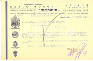 Manoscritto, lettera originale 1941 MILANO CICLISMO Lettera Carlo BORGHI Premiata Fabbrica Biciclette 1