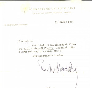 Autografo originale 1977 VENEZIA Lettera Vittore BRANCA per ringraziamento  Autografo 1