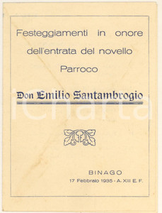 Documento originale, autentico 1935 BINAGO CO Festeggiamenti per nuovo parroco don Emilio SANTAMBROGIO 1