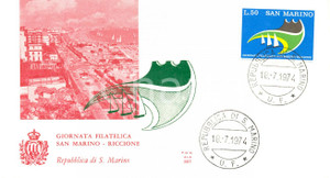 Materiale pubblicitario d’epoca 1974 REPUBBLICA SAN MARINO Giornata filatelica con annullo BUSTA PRIMO GIORNO 1