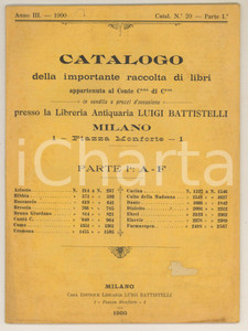 Libro, pubblicazione d'epoca 1900 MILANO Catalogo importante raccolta libri Conte C. di C. Luigi BATTISTELLI 1