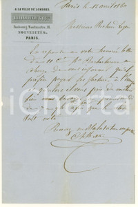 Documento originale, autentico 1860 PARIS MONTMARTRE Fornitura stoffe a ditta BARBAROUX Fils & Cie Lettera 1