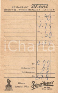 Materiale pubblicitario d’epoca 1965 ca BERLIN Restaurant FENT Berliner Schloßbräu Pilsner URQUELL Ricevuta 1