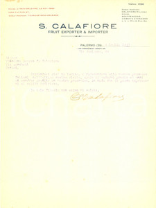 Documento originale, autentico 1933 PALERMO Fruit Exporter & Importer S. CALAFIORE Lettera commerciale 1