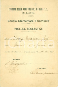 Oggetto da collezione cartaceo 1923 SAVONA ISTITUTO PURIFICAZIONE MARIA SANTISSIMA Pagella Maria Luisa REZZO 1
