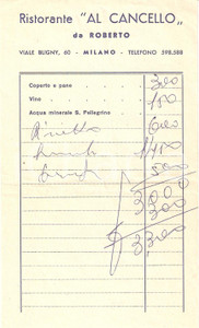 Materiale pubblicitario d’epoca 1969 MILANO Ristorante AL CANCELLO da Roberto Ricevuta 1