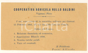Oggetto da collezione cartaceo 1951 VIGARANO PIEVE Cooperativa Agricola Nullo Baldini - Biglietto assemblea 1