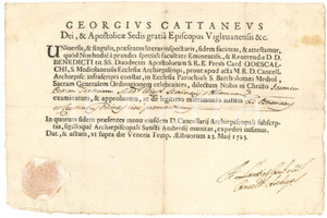 Documento originale, autentico 1725 VIGEVANO Ammissione chierico Giovanni Pietro TENTORIO all ostiariato 1