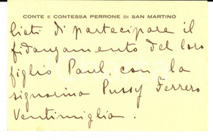 Oggetto da collezione cartaceo 1933 TORINO Biglietto da visita conte PERRONE DI SAN MARTINO Autografo 1