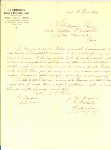 Manoscritto, lettera originale 1897 TORINO Società mutuo soccorso LA RIMEMBRANZA ringrazia conte TORNIELLI 1