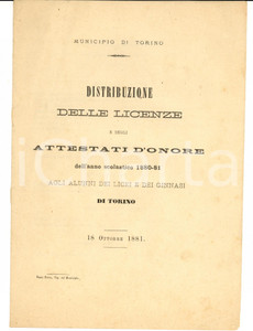 Documento originale, autentico 1881 TORINO Distribuzione licenze e premi agli alunni dei licei cittadini 1
