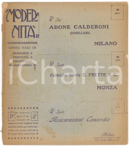 Materiale pubblicitario d’epoca 1910 MODERNITA  Pubblicazione ditte CALDERONI  FRETTE  CONCORDIA Anno I nÂ°10 1