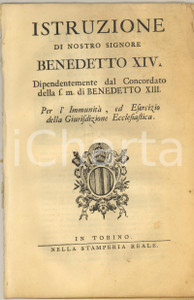 Documento originale, autentico 1742 Istruzione di BENEDETTO XIV per immunitÃ  e giurisdizione ecclesiastica 1