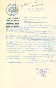 Manoscritto, lettera originale 1958 BARI La SUPER FILM chiede copia di  Femmina del porto  Lettera 1