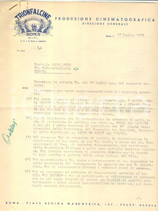 Manoscritto, lettera originale 1955 ROMA CINEMA TRIONFALCINE distribuisce  Caccia senza spari  Lettera 1