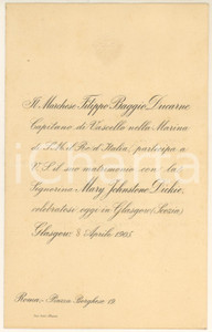 Documento originale, autentico 1905 GLASGOW Partecipazione nozze Filippo BAGGIO DUCARNE  Mary JOHNSTONE DICKIE 1