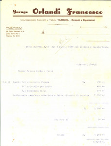 Manoscritto, lettera originale 1950 VIGEVANO PV Garage Francesco ORLANDI Automobili Fattura intestata 20x30 1