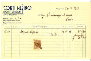 Documento originale, autentico 1937 MAGGIANICO Ditta Albino CORTI Legna e carboni  Fattura per legna segata 1