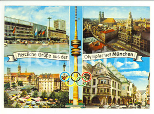 Cartolina originale da collezione 1974 MUNCHEN  OLIMPIADI Hauptbahnhof Frauenkirche Cartolina ANIMATA FG VG 1