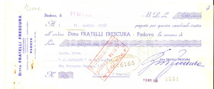 Documento originale, autentico 1958 DOLO VE Ditta fratelli FRESCURA  porcellane Assegno pubblicitario 1