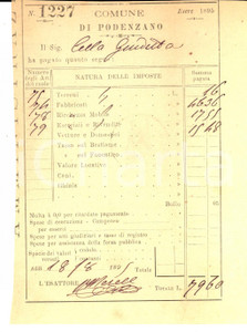 Documento originale, autentico 1895 PODENZANO (PC) Ricevuta a Giuditta CELLA per imposte 1