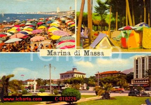 Cartolina originale da collezione 1962 MARINA DI MASSA MS Vedutine e spiaggia affollata Cartolina ANIMATA FG VG 1