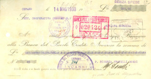 Documento originale, autentico 1930 CERANO NO Banca Piccolo Credito Novarese Assegno pubblicitario 1