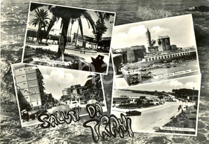 Cartolina originale da collezione 1963 TRANI (BT) Vedutine CATTEDRALE - LIDO - FIAT 500 *Cartolina animata FG VG 1