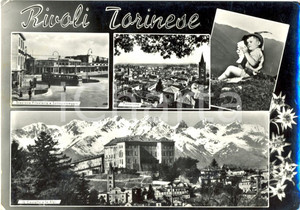 Cartolina originale da collezione 1959 RIVOLI TO Vedutine della STAZIONE FILOVIARIA e delle Alpi FG VG 1