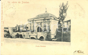 Cartolina originale da collezione 1900 ca TREVISO Veduta di Porta MAZZINI Cartolina ANIMATA con carretto FP VG 1