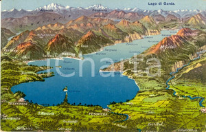 Cartolina originale da collezione 1920 LAGO DI GARDA Mappa fisica con nomi monti e localitÃ  della zona *Cartolina 1