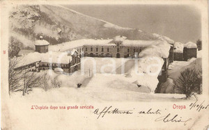 Cartolina originale da collezione 1906 OROPA BI L Ospizio dopo una grande nevicata Cartolina FP VG 1