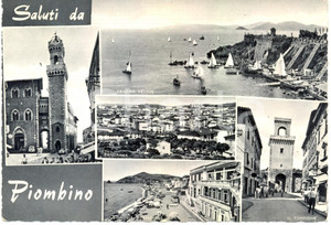 Cartolina originale da collezione 1964 PIOMBINO Vedutine TORRIONE Palazzo Civico spiaggia SALIVOLI Centro VELICO 1