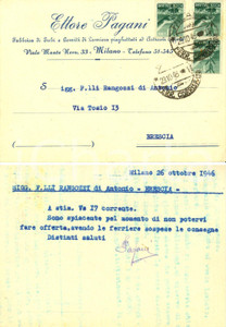 Cartolina originale da collezione 1946 MILANO Fabbrica lamiere Ettore PAGANI a ditta fratelli RANGOZZI *Intestata 1