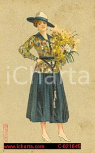 Cartolina originale da collezione 1918 Donna con fiori Illustratore COLOMBO FP VG 1