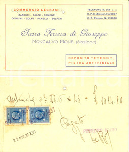 Cartolina originale da collezione 1937 MONCALVO AT Pagamento antracite a ditta FERRERO Cartoncino DANNEGGIATO 1