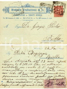Cartolina originale da collezione 1895 MONZA Rodolfo TRABATTONI Fabbricatori tessuti diversi *Cartolina intestata 1