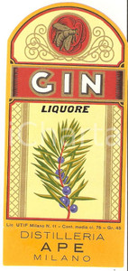 Materiale pubblicitario d’epoca 1970 ca MILANO Distilleria APE Liquore secco GIN Etichetta ILLUSTRATA 1