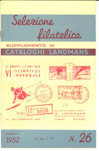 Materiale pubblicitario d’epoca 1952 MILANO Supplemento cataloghi LANDMANS Selezione filatelica ILLUSTRATA N° 26 1
