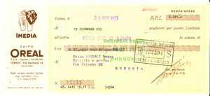 Oggetto da collezione cartaceo 1953 TORINO Ditta IMEDIA SAIPO OREAL  *Assegno pubblicitario 1