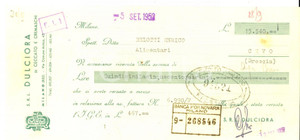 Oggetto da collezione cartaceo 1952 MILANO Ditta DULCIORA di CECCATO E CREMASCHI Via Comune antico Assegno 1