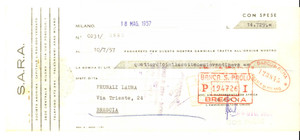 Oggetto da collezione cartaceo 1957 MILANO Società Anonima S.A.R.A. Via Foscolo 1 Cambiale pubblicitaria 1